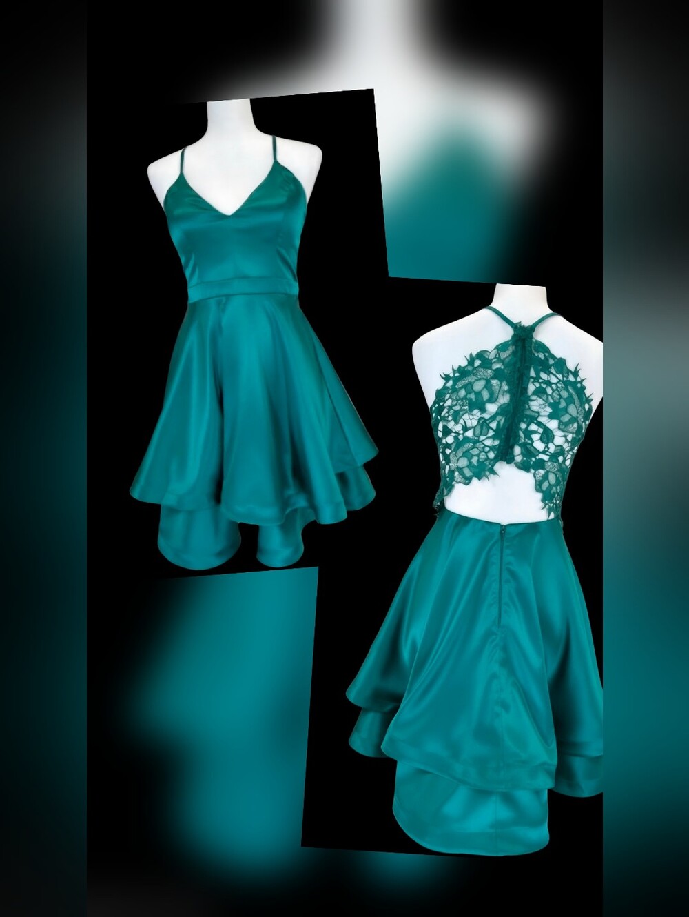 Camille La Vie Prom Dress 9 Emerald Green Sequin Hearts V-Neckline Ruffled Hem